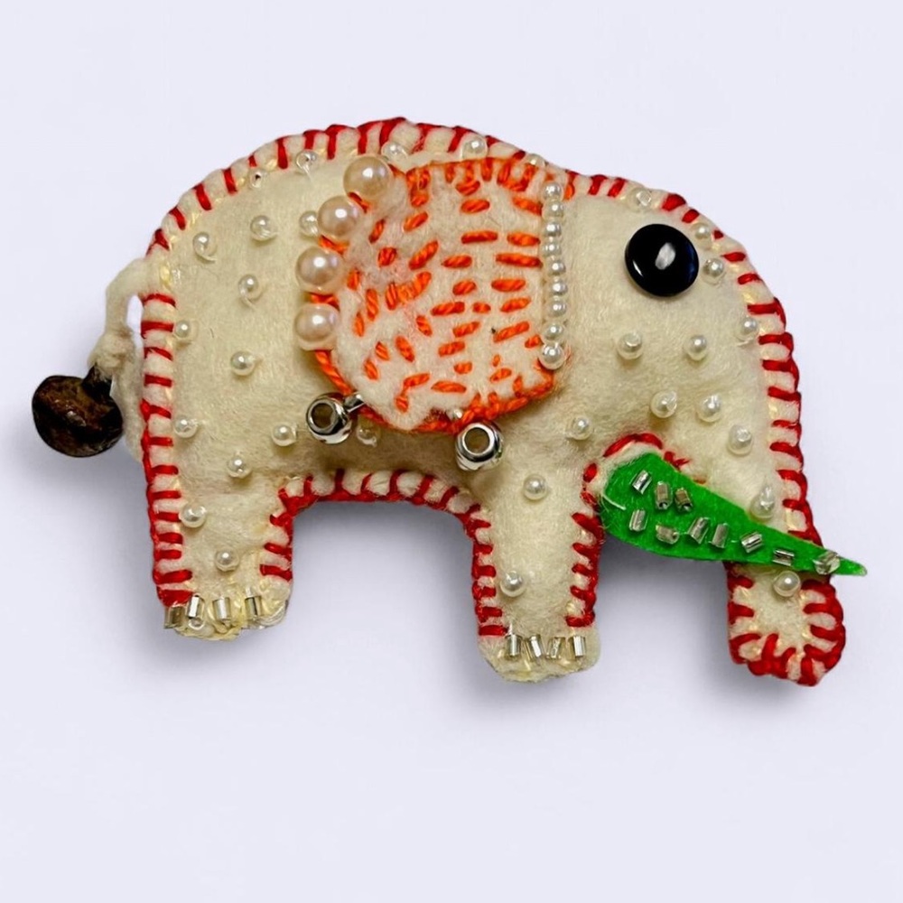 Handmade Cute felt elephant brooch with pearls, beads, and sequins
